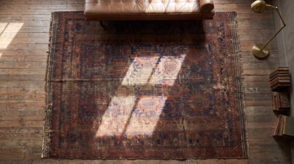 Rustic worn distressed antique tribal persian baluch shabby chic rug 2 Rustic worn distressed antique tribal persian baluch shabby chic rug (sku 20455) - styled overhead view