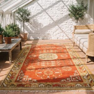 Antique Rustic Yellow Color Small Size East Turkestan Wool Pile Khotan Rug (SKU 20219) - room view