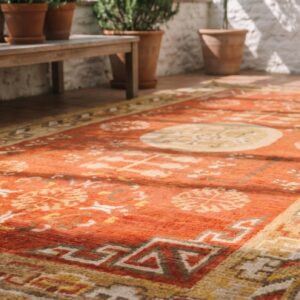 Antique Rustic Yellow Color Small Size East Turkestan Wool Pile Khotan Rug (SKU 20219) - in-room detail