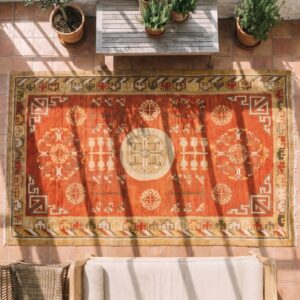 Antique Rustic Yellow Color Small Size East Turkestan Wool Pile Khotan Rug (SKU 20219) - styled overhead view