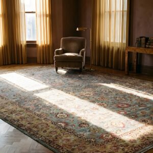 Antique S.E. Persian Kirman Carpet 11'10"×18'6" Sky Blue Field, Apricot Border, Circa 1900 (SKU 25756) - room view