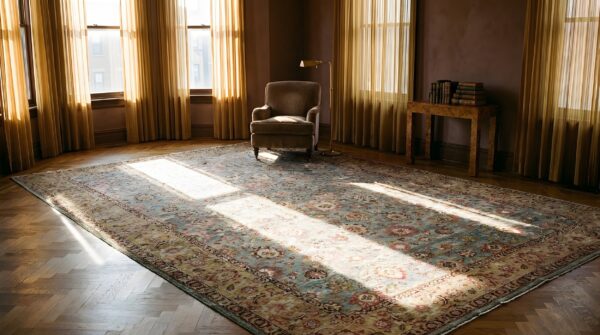 Antique s. E. Persian kirman carpet 11'10"×18'6" sky blue field, apricot border, circa 1900 (sku 25756) - room view