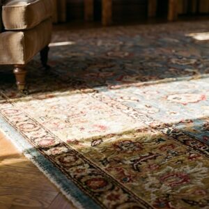 Antique S.E. Persian Kirman Carpet 11'10"×18'6" Sky Blue Field, Apricot Border, Circa 1900 (SKU 25756) - in-room detail