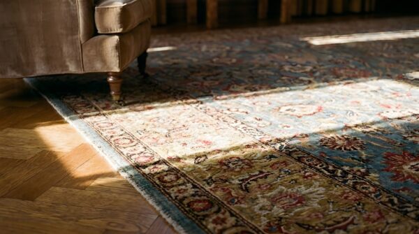 Antique s. E. Persian kirman carpet 11'10"×18'6" sky blue field, apricot border, circa 1900 (sku 25756) - in-room detail