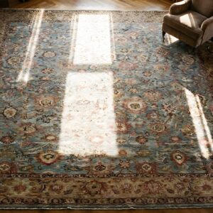 Antique S.E. Persian Kirman Carpet 11'10"×18'6" Sky Blue Field, Apricot Border, Circa 1900 (SKU 25756) - styled overhead view