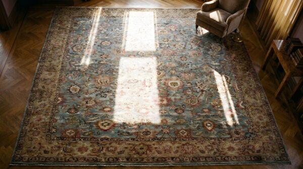 Antique s. E. Persian kirman carpet 11'10"×18'6" sky blue field, apricot border, circa 1900 (sku 25756) - styled overhead view