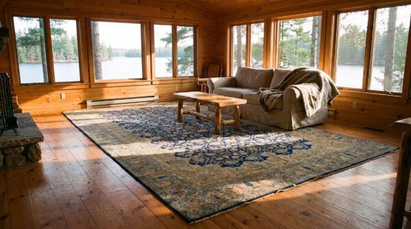 Antique s. E. Persian kirman carpet 11'10"×23'10" navy floral, rose border, circa 1920 8 Antique s. E. Persian kirman carpet 11'10"×23'10" navy floral, rose border, circa 1920 (sku 20201) - room view