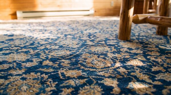 Antique s. E. Persian kirman carpet 11'10"×23'10" navy floral, rose border, circa 1920 9 Antique s. E. Persian kirman carpet 11'10"×23'10" navy floral, rose border, circa 1920 (sku 20201) - in-room detail