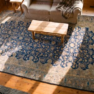 Antique S.E. Persian Kirman Carpet 11'10"×23'10" Navy Floral, Rose Border, Circa 1920 (SKU 20201) - styled overhead view
