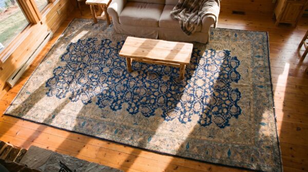 Antique s. E. Persian kirman carpet 11'10"×23'10" navy floral, rose border, circa 1920 2 Antique s. E. Persian kirman carpet 11'10"×23'10" navy floral, rose border, circa 1920 (sku 20201) - styled overhead view