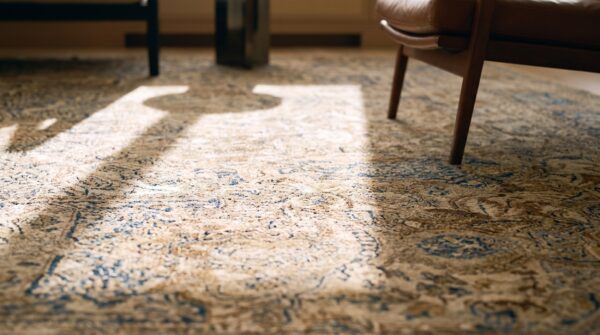 Antique s. E. Persian kirman carpet 11'8"×21'6" buff field, buff border, monumental gallery format, circa 1920 15 Antique s. E. Persian kirman carpet 11'8"×21'6" buff field, buff border, monumental gallery format, circa 1920 (sku 20063) - in-room detail