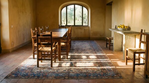 Antique s. E. Persian kirman gallery carpet 5'10"×17'10" beige field, blue border, circa 1920 9 Antique s. E. Persian kirman gallery carpet 5'10"×17'10" beige field, blue border, circa 1920 (sku 20936) - room view