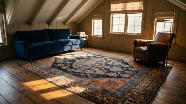 Antique s. Persian qashqai (khamse) carpet 5'2"×7'4" navy & ivory tribal, late 19th c. (sku 19508) - room view