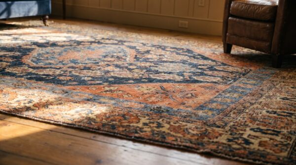 Antique s. Persian qashqai (khamse) carpet 5'2"×7'4" navy & ivory tribal, late 19th c. (sku 19508) - in-room detail