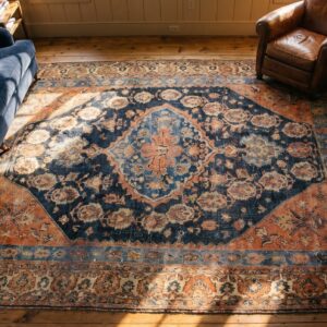 Antique S. Persian Qashqai (Khamse) Carpet 5'2"×7'4" Navy & Ivory Tribal, Late 19th C. (SKU 19508) - styled overhead view