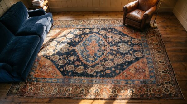 Antique s. Persian qashqai (khamse) carpet 5'2"×7'4" navy & ivory tribal, late 19th c. (sku 19508) - styled overhead view