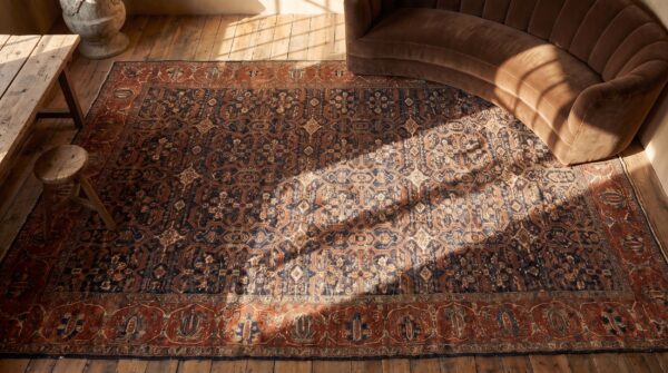 Antique sarouk - farahan persian blue 1880s rug 2 Antique sarouk - farahan persian blue 1880s rug (sku 20236) - styled overhead view