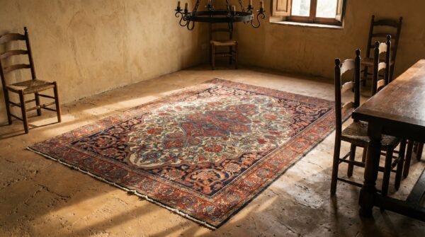 Antique sarouk - farahan persian ivory 1880s rug 6 Antique sarouk - farahan persian ivory 1880s rug (sku 19408) - room view