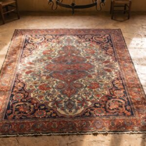 Antique Sarouk - Farahan Persian Ivory 1880s Rug (SKU 19408) - styled overhead view