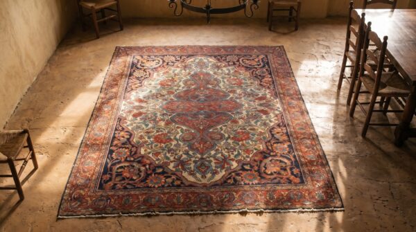 Antique sarouk - farahan persian ivory 1880s rug 2 Antique sarouk - farahan persian ivory 1880s rug (sku 19408) - styled overhead view