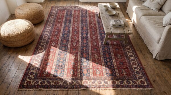 Antique sarouk - farahan persian ivory 1890s rug 2 Antique sarouk - farahan persian ivory 1890s rug (sku 19790) - styled overhead view