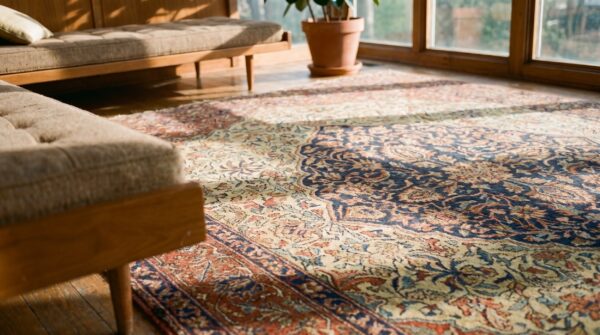 Antique sarouk - farahan small scatter size wool ivory rug 7 Antique sarouk - farahan small scatter size wool ivory rug (sku 18582) - in-room detail