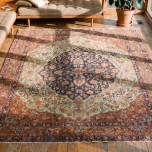 Antique Sarouk - Farahan Small Scatter Size Wool Ivory Rug (SKU 18582) - styled overhead view