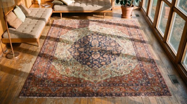 Antique sarouk - farahan small scatter size wool ivory rug 2 Antique sarouk - farahan small scatter size wool ivory rug (sku 18582) - styled overhead view