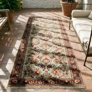 Antique Sarouk Hallway Runner Wool Rug (SKU 25574) - styled overhead view