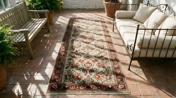 Antique sarouk hallway runner wool rug 2 Antique sarouk hallway runner wool rug (sku 25574) - styled overhead view