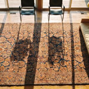 Antique Sarouk Large Room Size Wool Blue Rug (SKU 19861) - styled overhead view