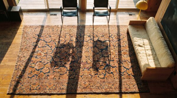 Antique sarouk large room size wool blue rug (sku 19861) - styled overhead view