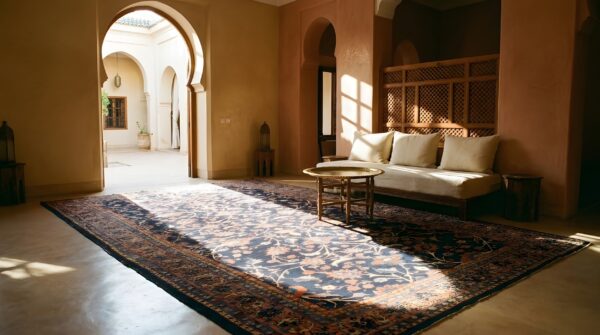 Antique sarouk large room size wool blue navy rug 8 Antique sarouk large room size wool blue navy rug (sku 24367) - room view