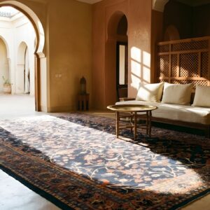 Antique Sarouk Large Room Size Wool Blue Navy Rug (SKU 24367) - styled overhead view