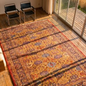 Antique Sarouk Large Room Size Wool Multicolor Rug (SKU 20424) - styled overhead view