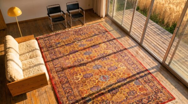 Antique sarouk large room size wool multicolor rug 2 Antique sarouk large room size wool multicolor rug (sku 20424) - styled overhead view