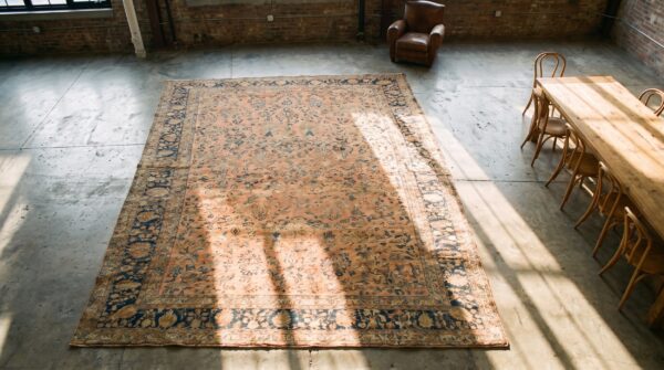 Antique sarouk oversized large oversized big rug wool coral 2 Antique sarouk oversized large oversized big rug wool coral (sku 19315) - styled overhead view
