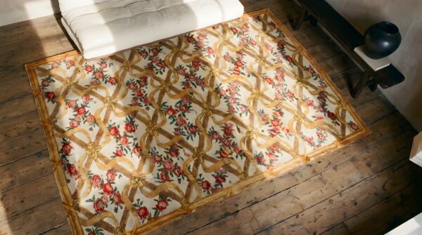 Antique savonnerie french allover floral knotted rug (sku 25155) - styled overhead view