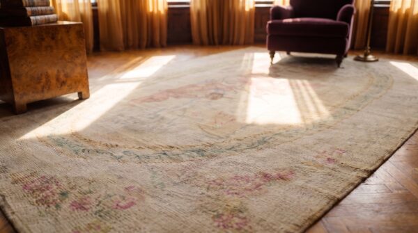 Antique savonnerie french floral, medallion knotted rug (sku 23607) - in-room detail