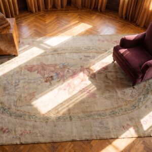 Antique Savonnerie French Floral, Medallion Knotted Rug (SKU 23607) - styled overhead view