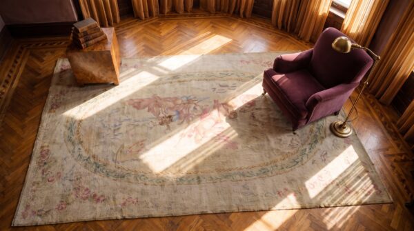 Antique savonnerie french floral, medallion knotted rug (sku 23607) - styled overhead view