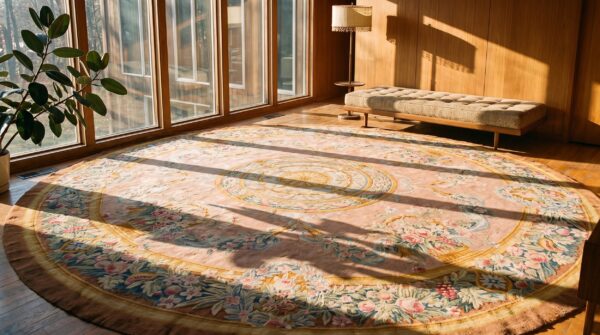 Antique savonnerie oversized round rug wool coral 7 Antique savonnerie oversized round rug wool coral (sku 22252) - room view