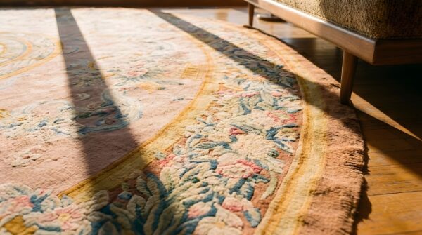 Antique savonnerie oversized round rug wool coral 8 Antique savonnerie oversized round rug wool coral (sku 22252) - in-room detail