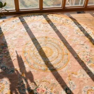 Antique Savonnerie Oversized Round Rug Wool Coral (SKU 22252) - styled overhead view
