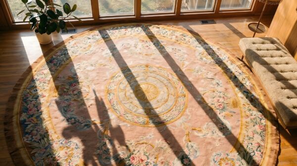 Antique savonnerie oversized round rug wool coral 2 Antique savonnerie oversized round rug wool coral (sku 22252) - styled overhead view