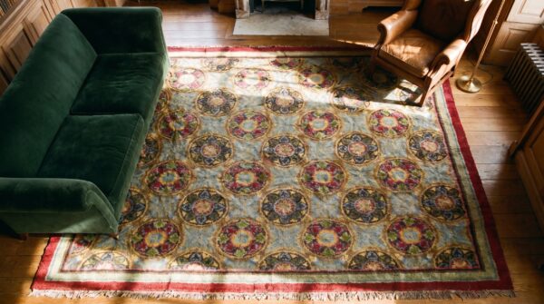 Antique savonnerie spanish knotted rug (sku 19672) - styled overhead view
