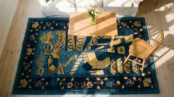 Antique scenic pictorial peking chinese rug 2 Antique scenic pictorial peking chinese rug (sku 24755) - styled overhead view