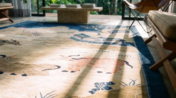 Antique scenic pictorial peking chinese small scatter size animal rug 8 Antique scenic pictorial peking chinese small scatter size animal rug (sku 25478) - in-room detail
