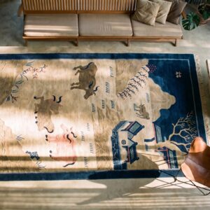 Antique Scenic Pictorial Peking Chinese Small Scatter Size Animal Rug (SKU 25478) - styled overhead view