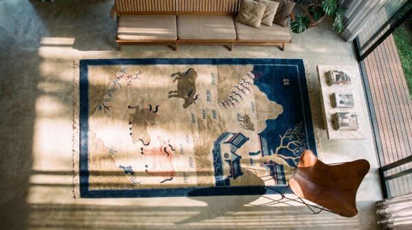 Antique scenic pictorial peking chinese small scatter size animal rug 2 Antique scenic pictorial peking chinese small scatter size animal rug (sku 25478) - styled overhead view